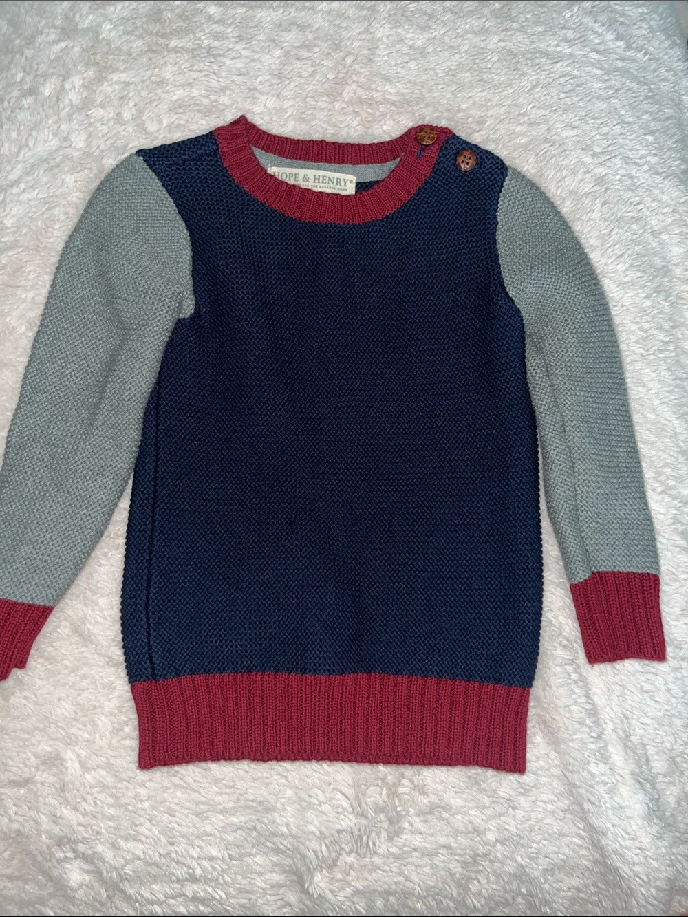 Hope & Henry Navy Crewneck Sweater with Gray Sleeves and Red Trim